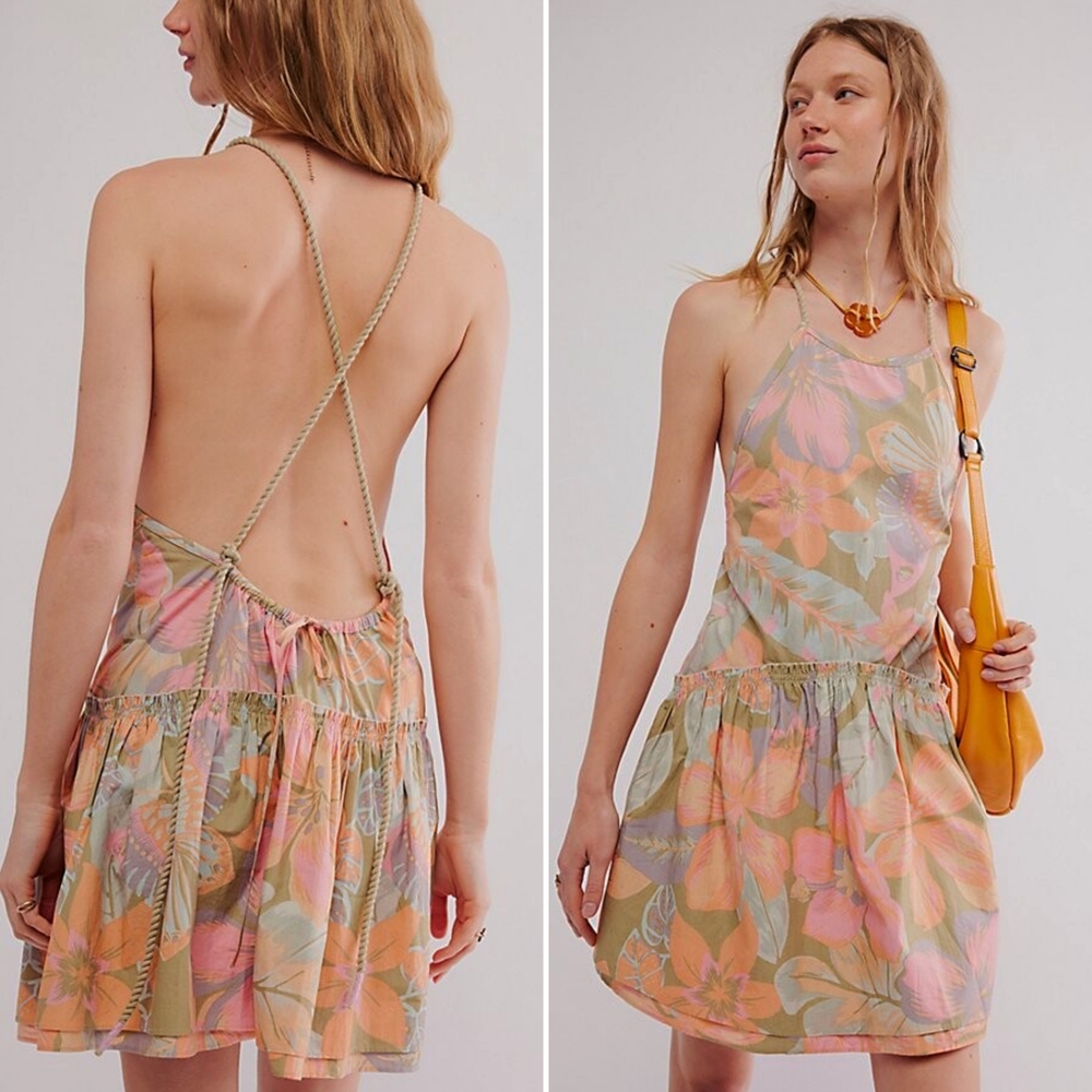 Free People, Deserted Island Open Back Mini Dress In Tropical Print